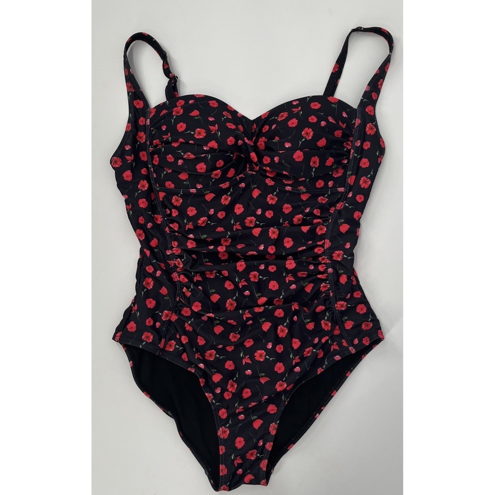 Nicole Miller Womens LG Bandeau One-Piece Swimsuit Ruched Sweetheart Red Floral - Picture 2 of 6